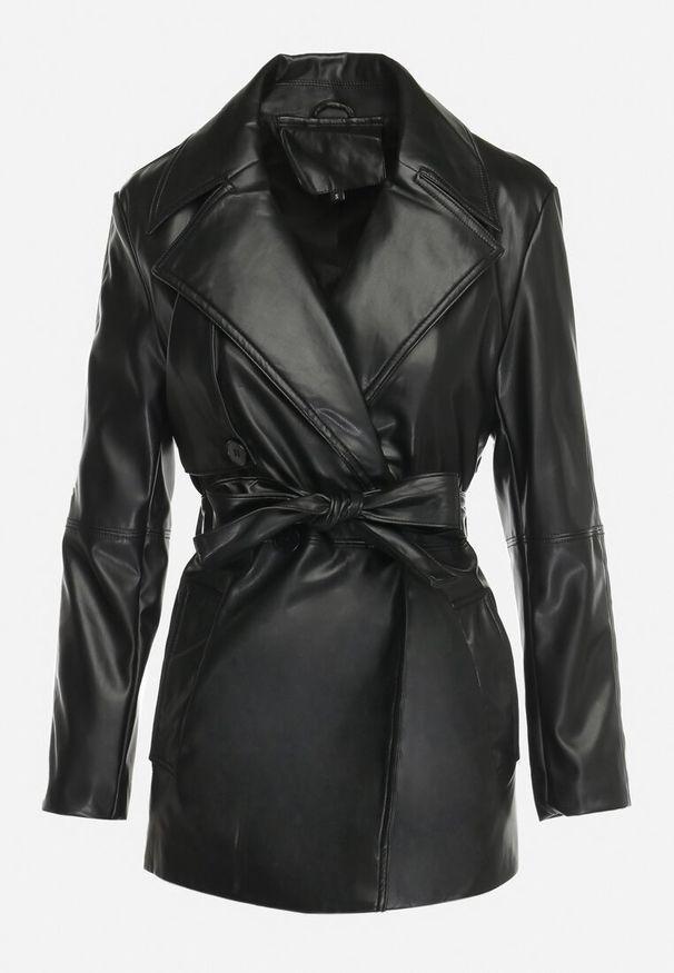 Born2be - Czarna Kurtka Płaszcz z Ekoskóry Taliowana z Paskiem Pilvia. Kolor: czarny