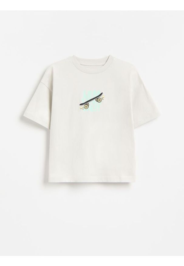 Reserved - Bawełniany t-shirt z nadrukiem - jasnoszary. Kolor: szary. Materiał: bawełna. Wzór: nadruk