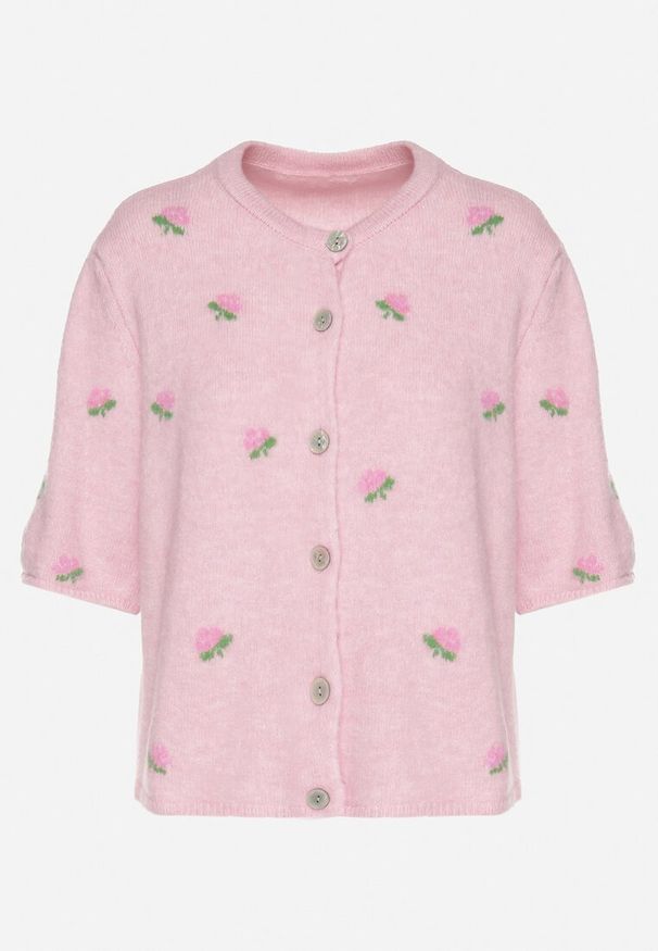 Born2be - Różowy Sweter Kardigan z Krótkim Rękawem z Wiskozą w Ozdobny Print Korinelia. Okazja: na co dzień. Kolor: różowy. Materiał: wiskoza. Długość rękawa: krótki rękaw. Długość: krótkie. Wzór: nadruk. Styl: elegancki, casual