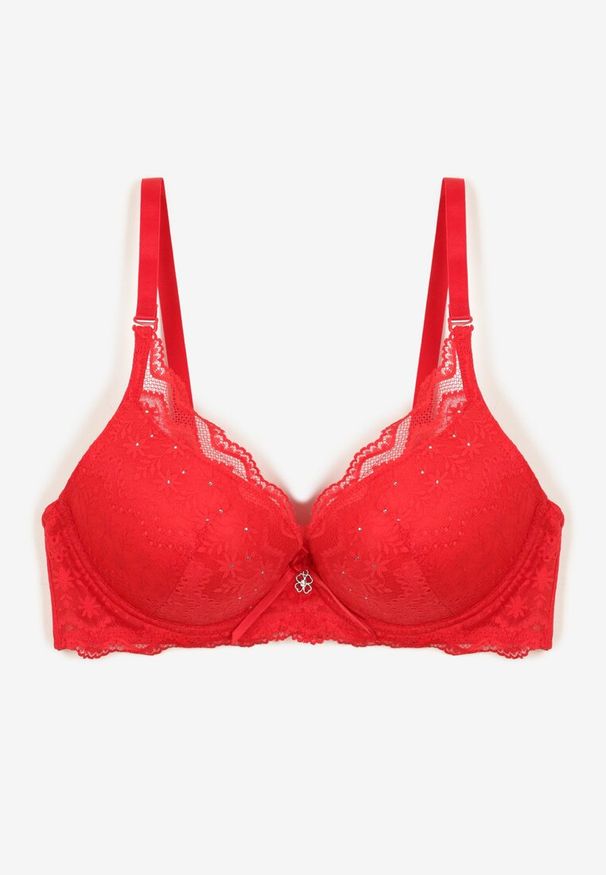 Born2be - Czerwony Biustonosz Push Up z Koronkowymi Zdobieniami Liobelle. Kolor: czerwony. Materiał: koronka. Rodzaj stanika: push-up. Wzór: aplikacja