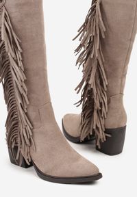 Renee - Beżowe Kozaki Kowbojki na Stożku Zdobione Frędzlami Nucca. Kolor: beżowy. Materiał: zamsz. Wzór: aplikacja. Obcas: na stożku. Styl: boho. Wysokość obcasa: średni #3