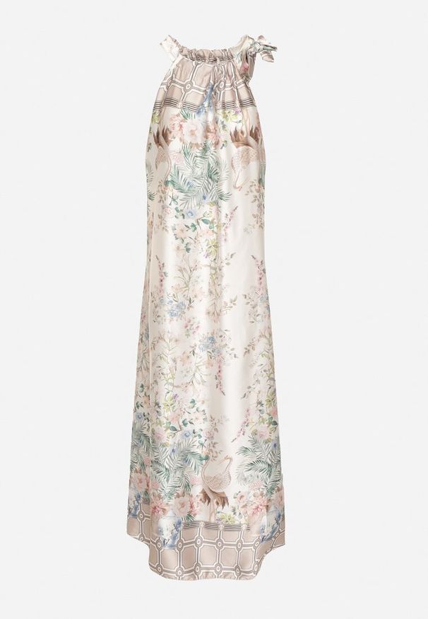 Born2be - Biała Satynowa Sukienka w Kwiaty z Ozdobnym Wiązaniem Fenasella. Okazja: na co dzień. Kolor: biały. Materiał: satyna. Wzór: kwiaty. Typ sukienki: proste. Styl: elegancki, casual, klasyczny, wizytowy