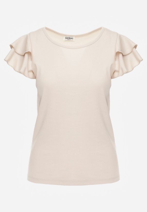 Born2be - Beżowa Bawełniana Bluzka o Prostym Kroju z Krótkim Rękawem z Falbanek Himoni. Okazja: do pracy, na co dzień. Typ kołnierza: kołnierz z falbankami. Kolor: beżowy. Materiał: bawełna. Długość rękawa: krótki rękaw. Długość: krótkie. Styl: elegancki, klasyczny, casual