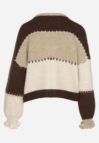 Born2be - Brązowy Patchworkowy Kardigan Oversize na Guziki z Falbanką na Rękawach i Wełną Atevita. Kolor: brązowy. Materiał: wełna. Sezon: zima. Styl: klasyczny #7