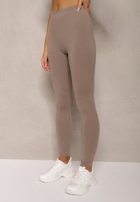 Renee - Ciemnobeżowe Legginsy z Gumką w Talii z Długimi Nogawkami Caleta. Okazja: na co dzień. Kolor: beżowy. Długość: długie. Styl: klasyczny, casual #3