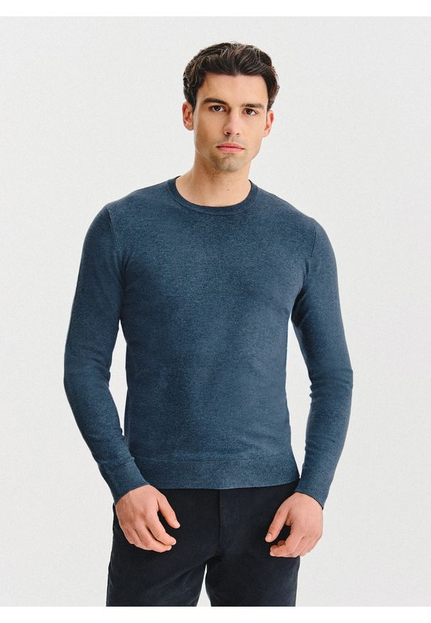 Pako Lorente - PAKO LORENTE – Granatowy sweter męski o-neck. Okazja: na co dzień. Kolor: niebieski. Materiał: poliester, wiskoza. Sezon: jesień. Styl: casual