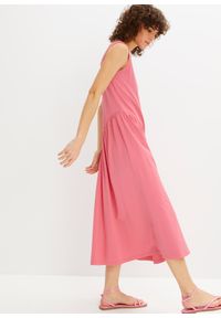 bonprix - Sukienka shirtowa bawełniana z asymetrycznymi falbanami, w dł. do łydki. Kolor: różowy. Materiał: bawełna. Typ sukienki: asymetryczne #1