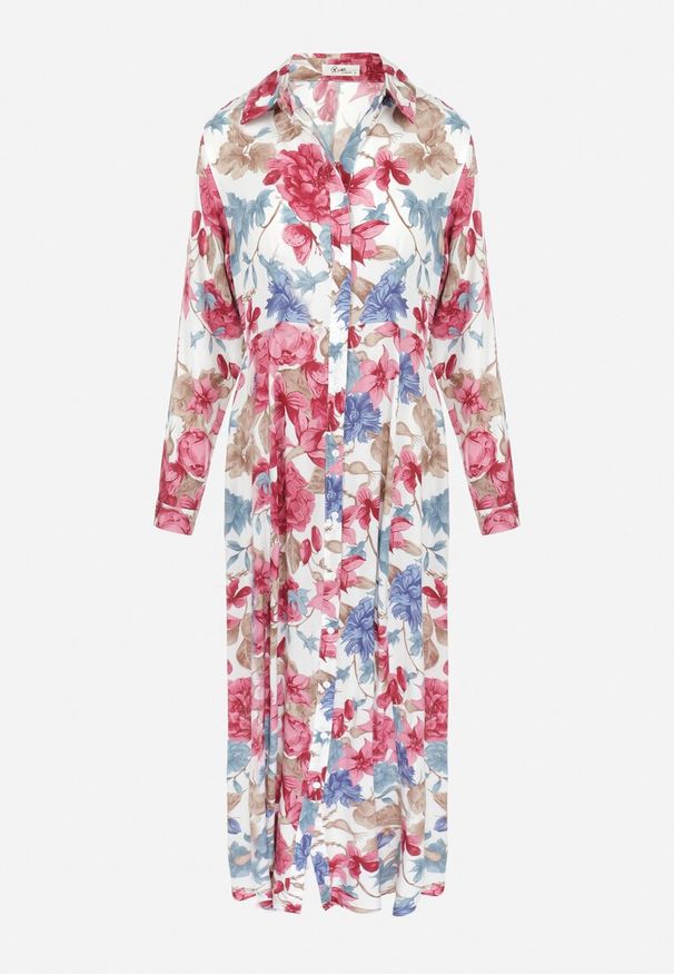 Born2be - Biała Sukienka Koszulowa z Rozcięciem w Kwiaty Vethere. Kolor: biały. Długość rękawa: długi rękaw. Wzór: kwiaty. Typ sukienki: koszulowe. Styl: elegancki. Długość: maxi