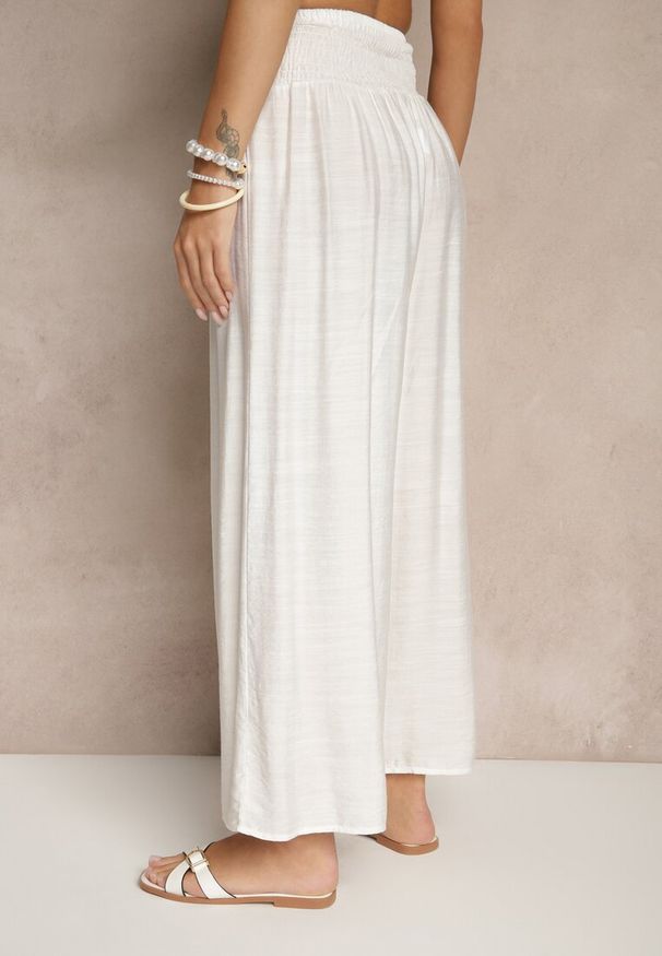 Renee - Jasnobeżowe Spodnie z Wiskozą o Szerokim Kroju High Waist Orrana. Okazja: na co dzień. Stan: podwyższony. Kolor: beżowy. Materiał: wiskoza. Styl: casual, elegancki