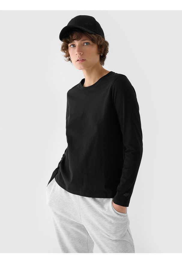 4f - 4F Longsleeve oversize gładki damski - czarny S. Okazja: na co dzień. Kolor: czarny. Materiał: dzianina, bawełna, jersey. Długość rękawa: długi rękaw. Długość: długie. Wzór: gładki. Styl: klasyczny, sportowy, casual