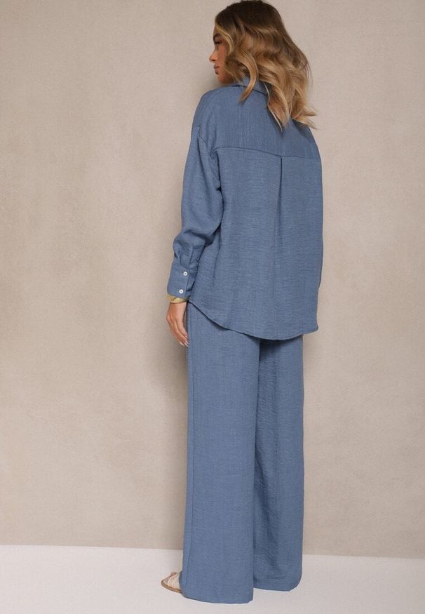 Renee - Niebieski Komplet z Bawełny Koszula i Spodnie Wide Leg Amaddie. Kolor: niebieski. Materiał: bawełna