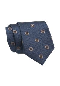 Klasyczny Krawat, Granatowy w Brązowy Wzór, Męski, 7cm -Angelo di Monti. Kolor: brązowy, beżowy, wielokolorowy, niebieski. Materiał: tkanina. Styl: klasyczny