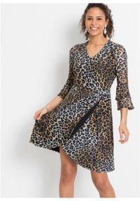 Sukienka kopertowa w cętki leoparda bonprix beżowo-brązowo-szary leo. Kolor: szary. Typ sukienki: kopertowe #3