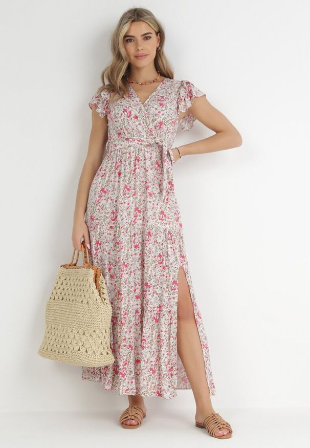 Born2be - Beżowo-Czerwona Sukienka Rhenosyne. Okazja: na co dzień. Kolor: beżowy. Materiał: materiał. Wzór: kolorowy, kwiaty. Sezon: lato. Typ sukienki: rozkloszowane, kopertowe. Styl: casual. Długość: maxi