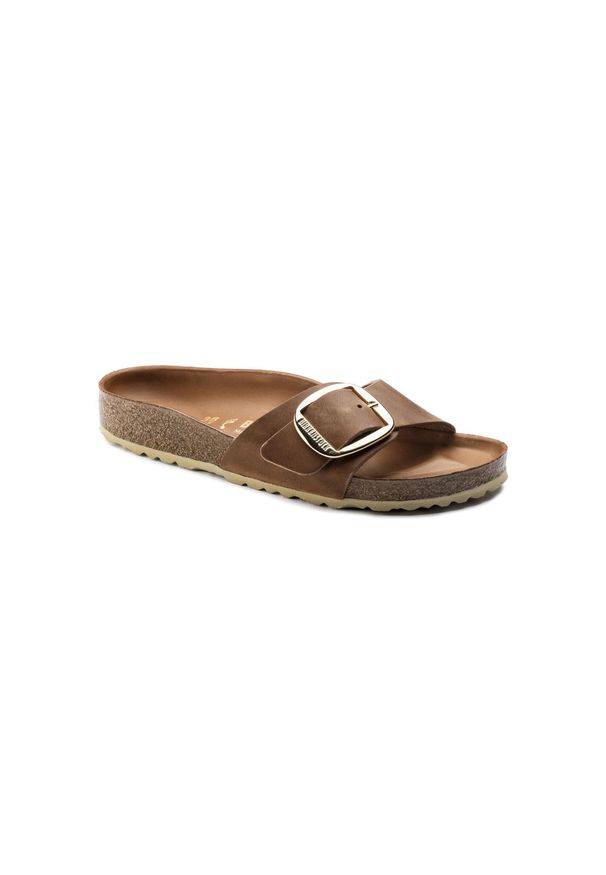 Klapki damskie Birkenstock Madrid Big Buckle Cognac Natural Leather. Okazja: na plażę. Kolor: brązowy, wielokolorowy, beżowy. Materiał: syntetyk, materiał. Styl: sportowy
