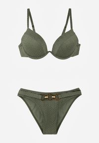 Born2be - Zielone Bikini Dwuczęściowe w Geometryczny Wzór z Ozdobą na Majtkach Corraenia. Kolekcja: plus size. Kolor: zielony. Długość: długie. Wzór: geometria, aplikacja #5