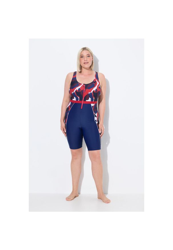 ULLA POPKEN - Damski Strój kąpielowy długie nogawki bez miękkich miseczek zamek błyskawiczny. Kolekcja: plus size. Kolor: niebieski. Materiał: elastan, poliamid, materiał. Długość: długie