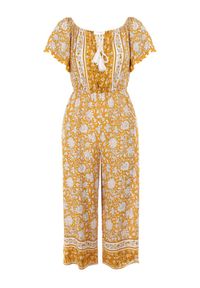 Born2be - Żółty Kombinezon Hesonia. Kolor: żółty. Długość rękawa: krótki rękaw. Długość: krótkie. Wzór: ażurowy, aplikacja, kwiaty. Styl: wakacyjny, boho #3