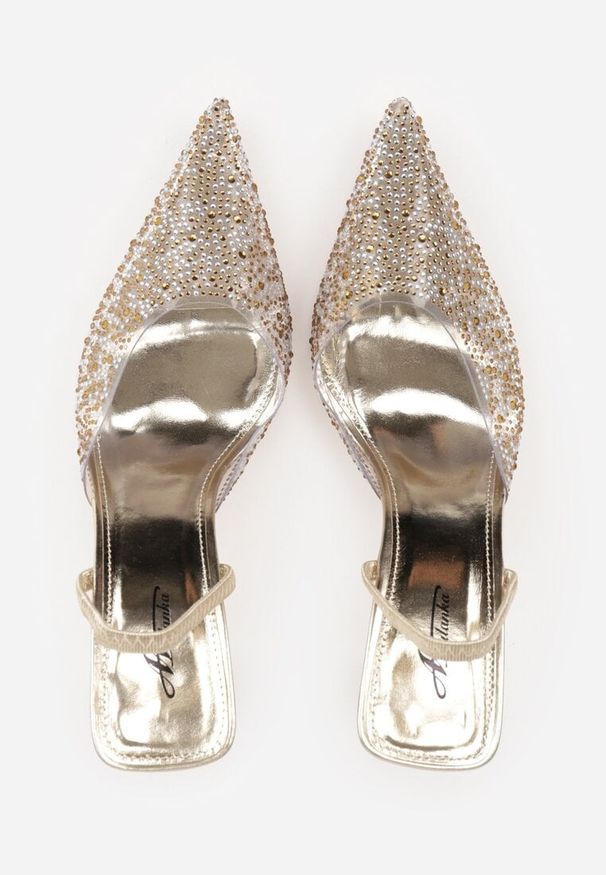 Renee - Złote Szpilki z Odkrytą Piętą i Transparentnym Noskiem z Cyrkoniami Kalinata. Okazja: na co dzień. Kolor: złoty. Materiał: jeans, koronka. Wzór: aplikacja. Obcas: na szpilce. Styl: klasyczny, casual, wizytowy