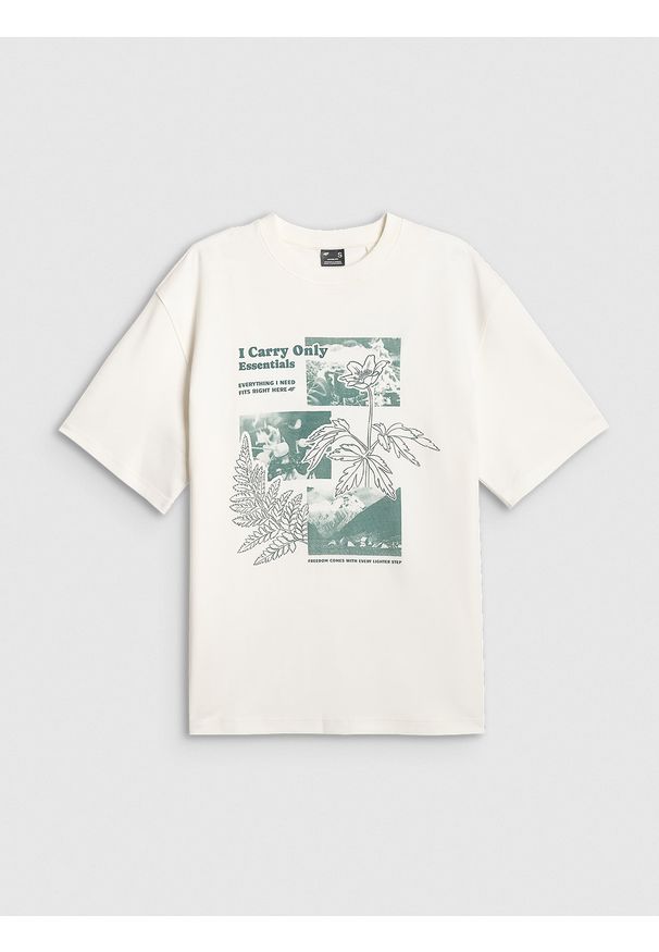 4f - 4F T-shirt loose z nadrukiem damski - biały L. Okazja: na co dzień. Kolor: biały. Materiał: dzianina, jeans, materiał. Wzór: nadruk. Styl: casual, klasyczny