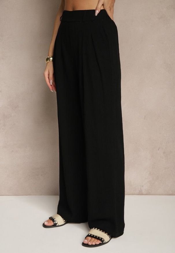 Renee - Czarne Spodnie z Bawełną i Lnem High Waist o Szerokim Kroju Turina. Okazja: na co dzień. Stan: podwyższony. Kolor: czarny. Materiał: len, bawełna. Styl: casual, klasyczny
