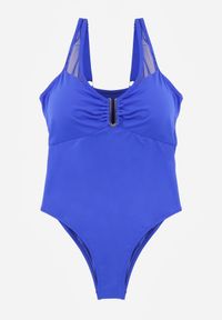 Born2be - Niebieski Strój Kąpielowy Jednoczęściowy z Metaliczną Ozdobą i Marszczeniem Chelviane. Kolekcja: plus size. Kolor: niebieski. Wzór: aplikacja #3