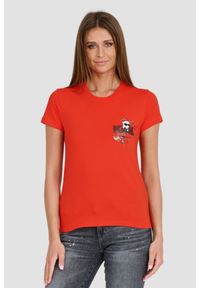 Karl Lagerfeld - KARL LAGERFELD Czerwony damski t-shirt ikonik lny, Rozmiar XS. Kolor: czerwony. Materiał: len