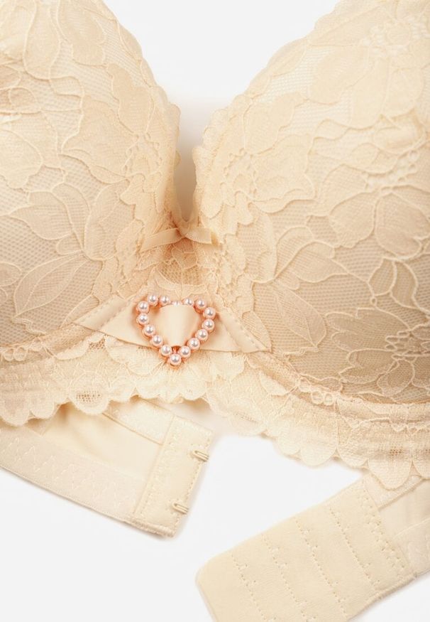 Born2be - Beżowy Biustonosz z Koronką i Sercem z Cyrkonii Coratune. Kolor: beżowy. Materiał: koronka. Wzór: koronka