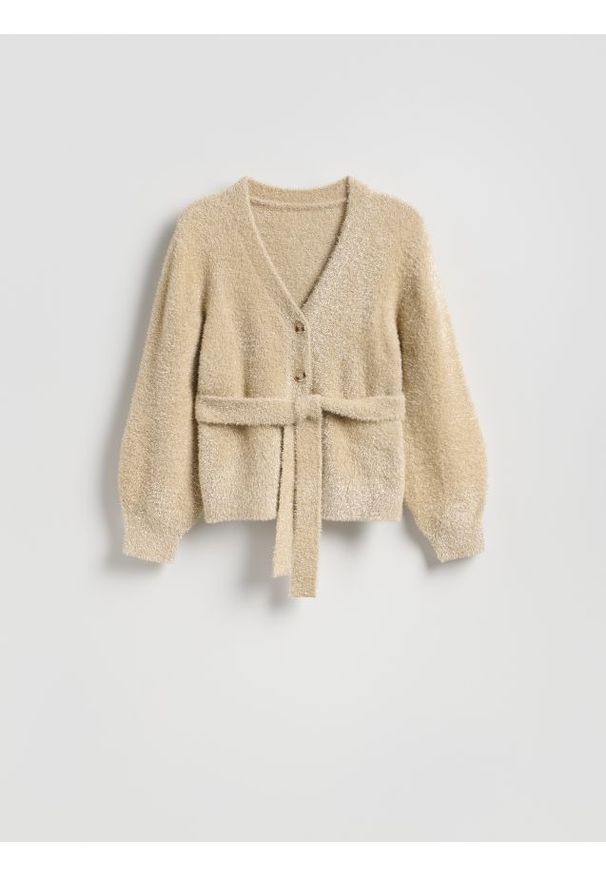 Reserved - Kardigan z metalizowaną nicią - kremowy. Kolor: kremowy. Materiał: dzianina