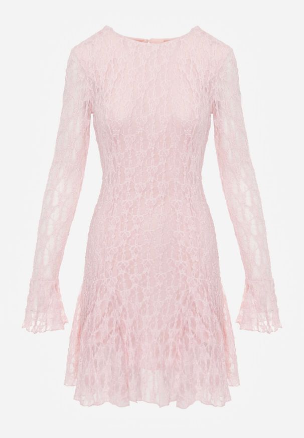 Born2be - Różowa Sukienka Koronkowa z Rozkloszowanymi Rękawami Cinatea. Okazja: na co dzień. Typ kołnierza: kokarda. Kolor: różowy. Materiał: koronka. Typ sukienki: proste. Styl: casual