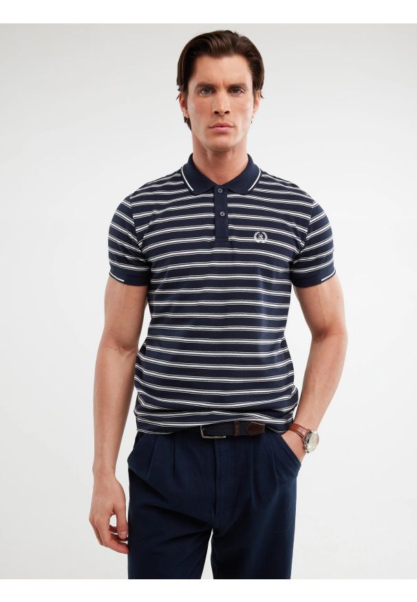 Big-Star - Koszulka męska polo w paski granatowa Meggon 403. Typ kołnierza: polo. Kolor: niebieski. Materiał: dzianina. Wzór: paski. Styl: elegancki