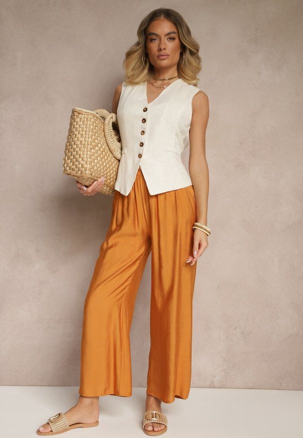 Renee - Pomarańczowe Spodnie z Wiskozy High Waist o Szerokim Kroju Divlise. Okazja: na co dzień. Stan: podwyższony. Kolor: pomarańczowy. Materiał: wiskoza. Styl: elegancki, casual