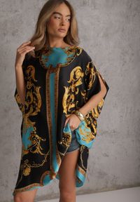 Renee - Niebieskie Ponczo z Satyny z Jedwabiem Wiskozą i Geometrycznym Printem Doreleia. Okazja: na co dzień. Kolor: niebieski. Materiał: jedwab, wiskoza, satyna. Wzór: nadruk, geometria. Styl: elegancki, casual #1