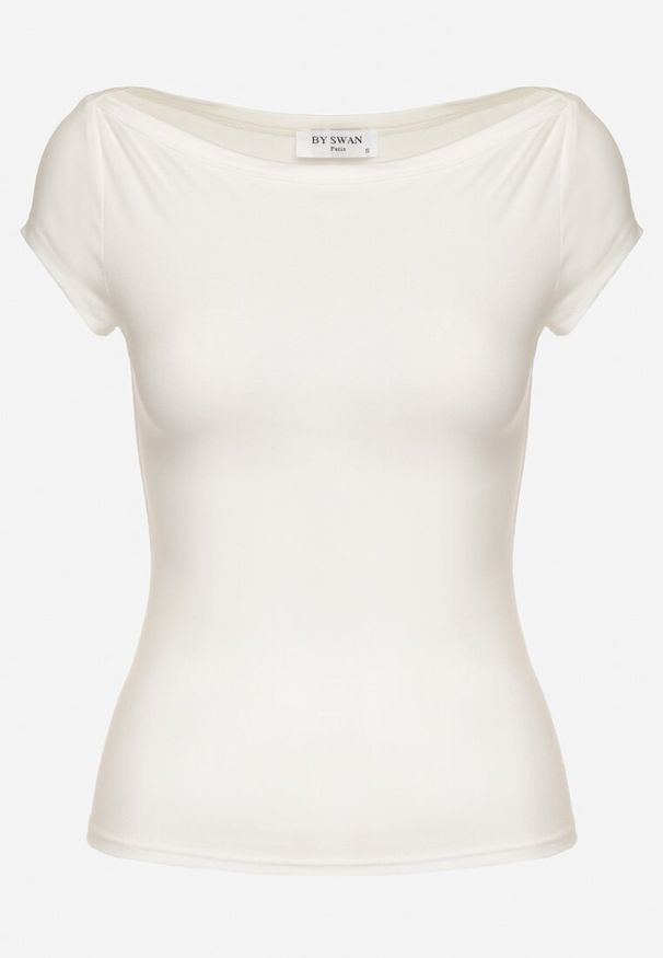 Born2be - Biały T-shirt z Bawełny o Dopasowanym Kroju z Dekoltem w Łódkę Galerissa. Kolor: biały. Materiał: bawełna. Styl: elegancki