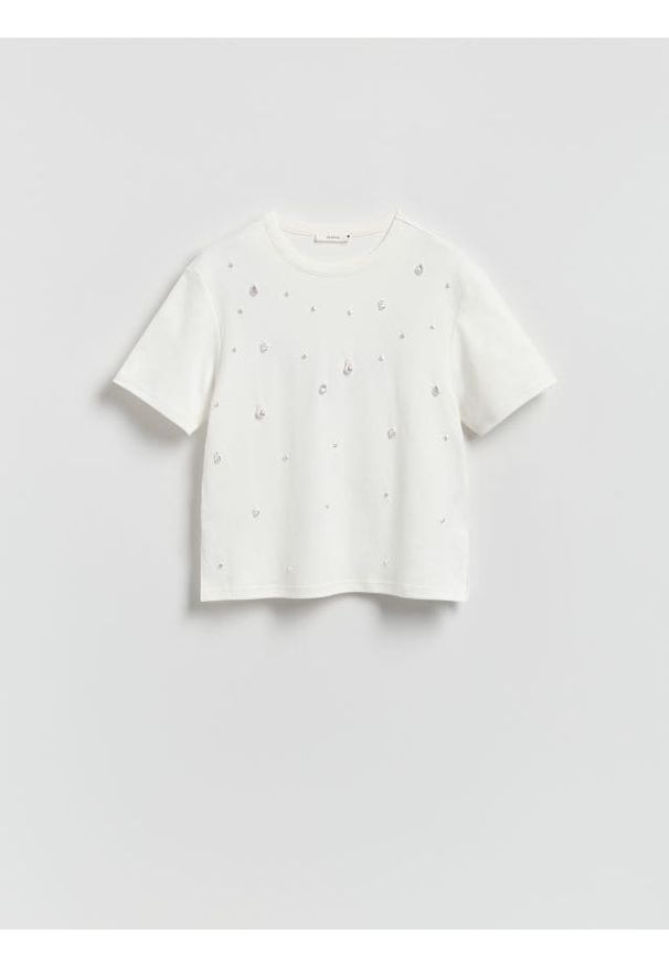 Reserved - T-shirt z imitacją pereł - biały. Kolor: biały. Materiał: bawełna, dzianina