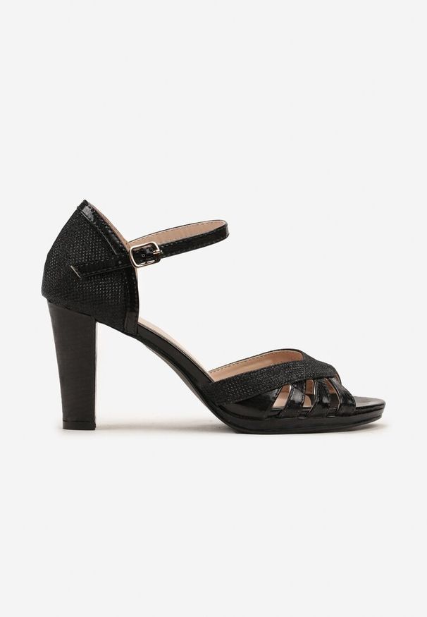 Renee - Czarne Brokatowe Sandały na Słupku z Tłoczeniem Łusek Drimila. Kolor: czarny. Wzór: aplikacja. Obcas: na słupku. Styl: wizytowy