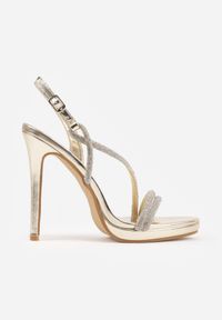 Born2be - Złote Szpilki Sandały Ozdobione Cyrkoniami i Transparentnymi Paskami Vikialie. Zapięcie: pasek. Kolor: złoty. Wzór: aplikacja. Obcas: na szpilce. Styl: elegancki, klasyczny #5