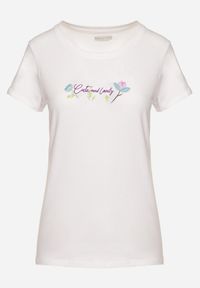 Born2be - Biały Bawełniany T-shirt Ozdobiony Nadrukiem Zarice. Okazja: na co dzień. Kolor: biały. Materiał: bawełna. Wzór: aplikacja, nadruk. Styl: klasyczny, casual #6