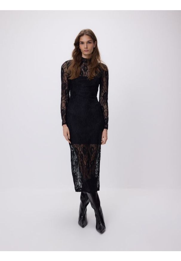 Reserved - Koronkowa sukienka maxi - czarny. Kolor: czarny. Materiał: koronka. Typ sukienki: proste. Długość: maxi