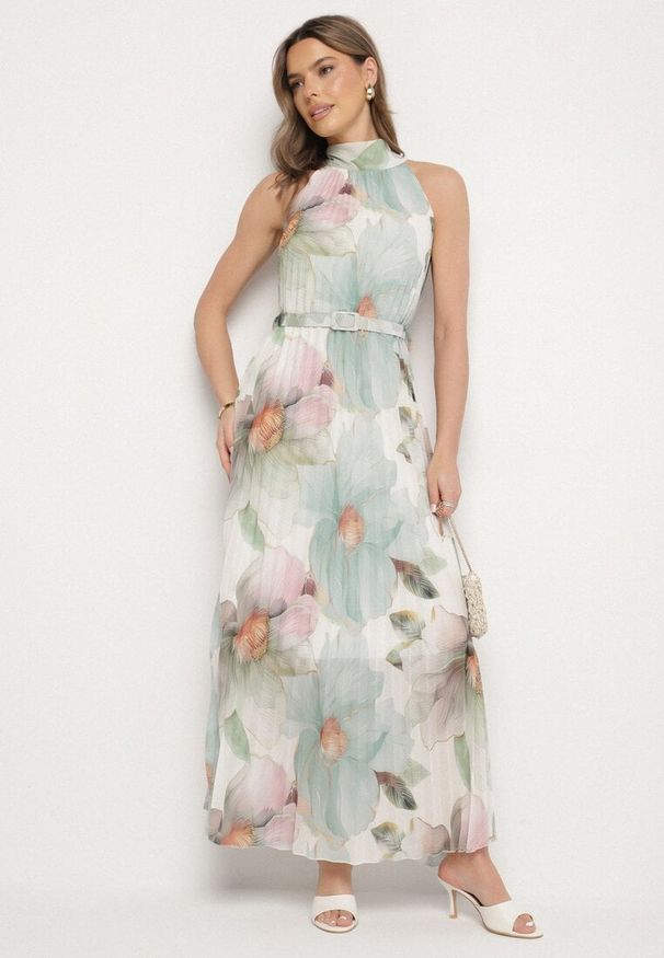 Born2be - Zielona Sukienka z Plisami Wiązaniem i Paskiem z Klamrą Nitenna. Okazja: na imprezę, na co dzień. Kolor: zielony. Długość rękawa: bez rękawów. Typ sukienki: rozkloszowane. Styl: klasyczny, casual, elegancki