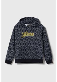 Guess bluza bawełniana dziecięca kolor granatowy z kapturem wzorzysta. Typ kołnierza: kaptur. Kolor: niebieski. Materiał: bawełna #1