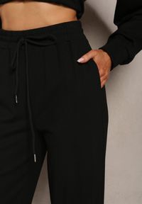 Renee - Czarne Dresowe Spodnie z Bawełny z Wysokim Stanem i Sznurkiem Letenti. Stan: podwyższony. Kolor: czarny. Materiał: dresówka, bawełna