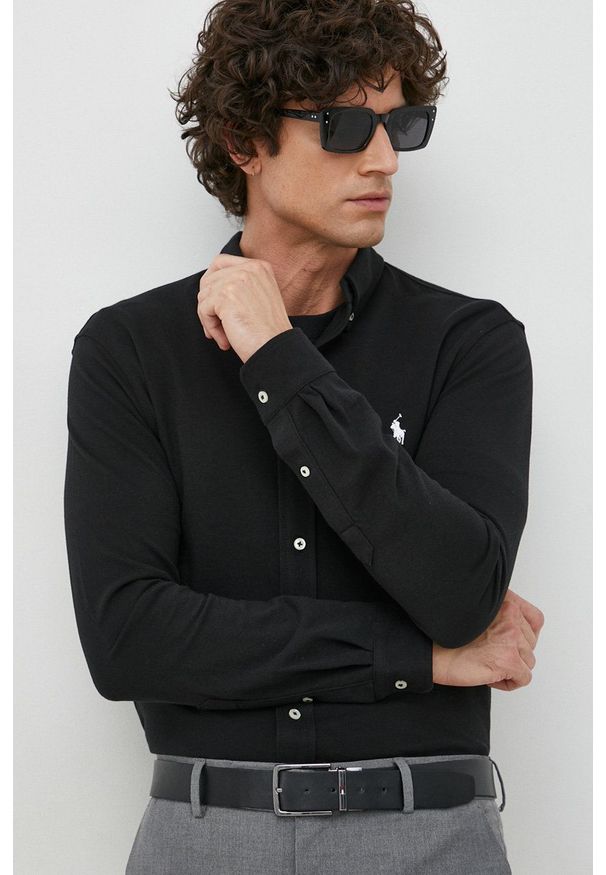 Polo Ralph Lauren koszula bawełniana męska kolor czarny regular z kołnierzykiem button-down. Typ kołnierza: button down, polo. Kolor: czarny. Materiał: bawełna. Długość rękawa: długi rękaw. Długość: długie. Wzór: gładki