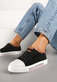 Born2be - Czarne Skórzane Trampki na Płaskiej Podeszwie ze Skórzaną Wkładką i Kontrastowym Noskiem Helili. Kolor: czarny. Materiał: skóra. Obcas: na płaskiej podeszwie #4