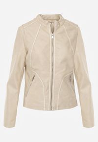 Renee - Beżowa Kurtka Ramoneska o Taliowanym Kroju z Ozdobnymi Lamówkami Esanora. Kolor: beżowy. Materiał: poliester. Styl: rockowy #2