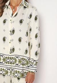 Born2be - Biało-Zielony Wiskozowy Komplet Koszula z Długim Rękawem i Szerokie Spodnie z Gumką w Pasie Terceria. Kolor: zielony. Materiał: wiskoza #5