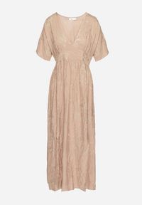 Born2be - Beżowa Wiskozowa Sukienka z Metaliczną Nicią i Haftem Nelvesia. Okazja: na co dzień. Kolor: beżowy. Materiał: wiskoza. Wzór: haft. Sezon: wiosna. Styl: casual, elegancki, klasyczny #6