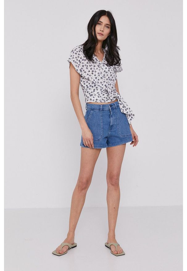 Pepe Jeans Szorty ADELINE damskie gładkie high waist. Okazja: na co dzień. Stan: podwyższony. Kolor: niebieski. Wzór: gładki. Styl: casual