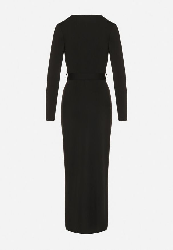 Born2be - Czarna Sukienka Kopertowa z Wiskozą Zdobiona Rozcięciem i Wiązanym Paskiem Teslea. Okazja: na co dzień. Kolor: czarny. Materiał: wiskoza. Wzór: aplikacja. Typ sukienki: kopertowe. Styl: elegancki, klasyczny, casual