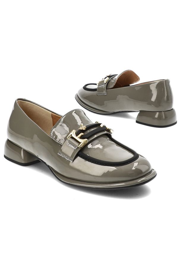 Szare Półbuty Artiker Eleganckie Obuwie Damskie. Okazja: na co dzień. Zapięcie: klamry. Kolor: szary. Materiał: lakier, skóra. Obcas: na obcasie. Styl: elegancki. Wysokość obcasa: średni